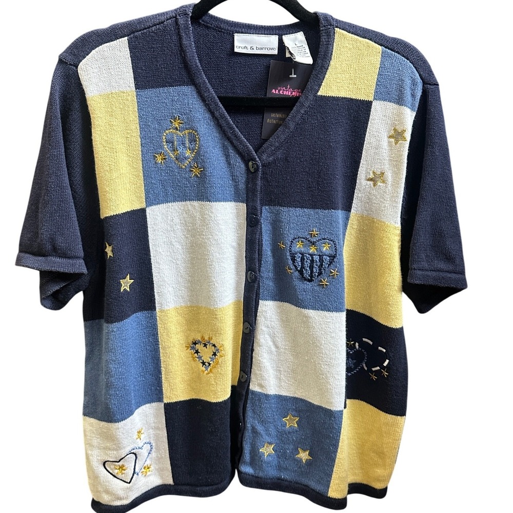 Hearts Stars Storybook Patchwork Cardigan Vintage 90s Sweater Womens‎ L Blue